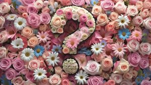 たくさんのパステルカラーの花の中にある「？」のロゴ