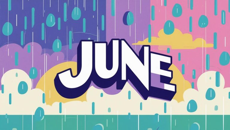 ポップな雨のイラストで「JUNE」のロゴあり