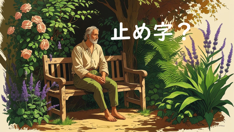 庭園で考える人のイラスト「止め字？」のロゴあり