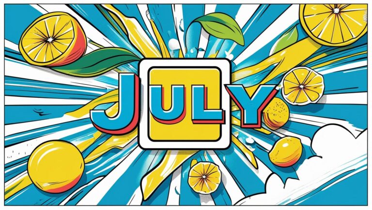 空とレモンのポップなイラスト、真ん中に「JULY」のロゴあり