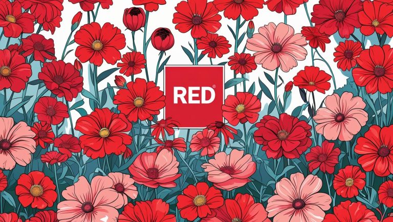 赤い花のイラストで「RED」のロゴがある