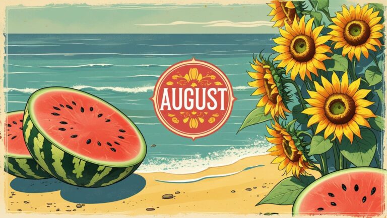 海とスイカとヒマワリがあるイラスト