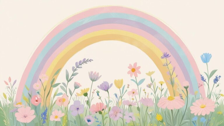 パステルカラーの虹と花のイラスト