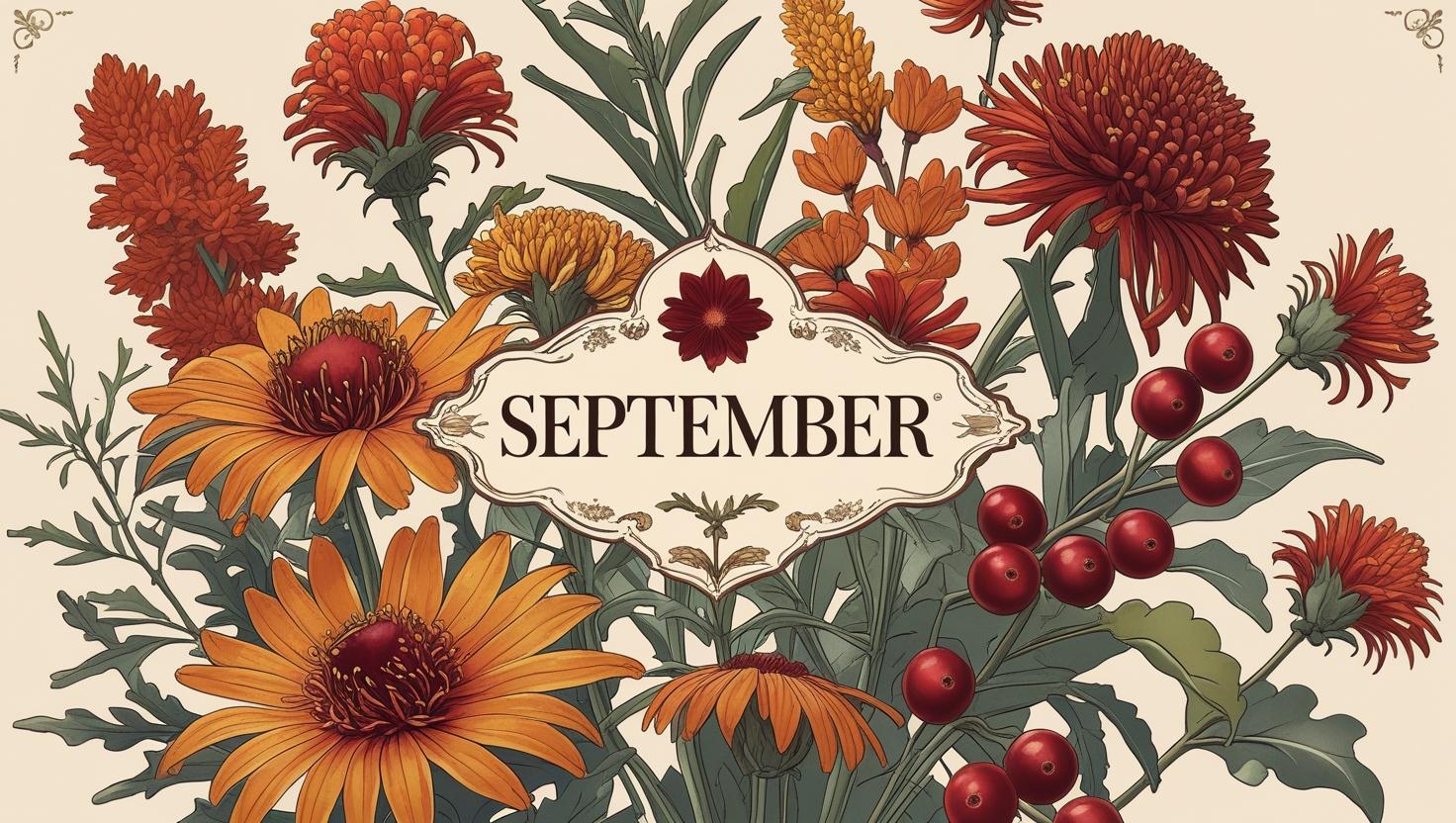 秋をイメージした赤い花のボタニカルなイラスト真ん中に「September」のロゴあり