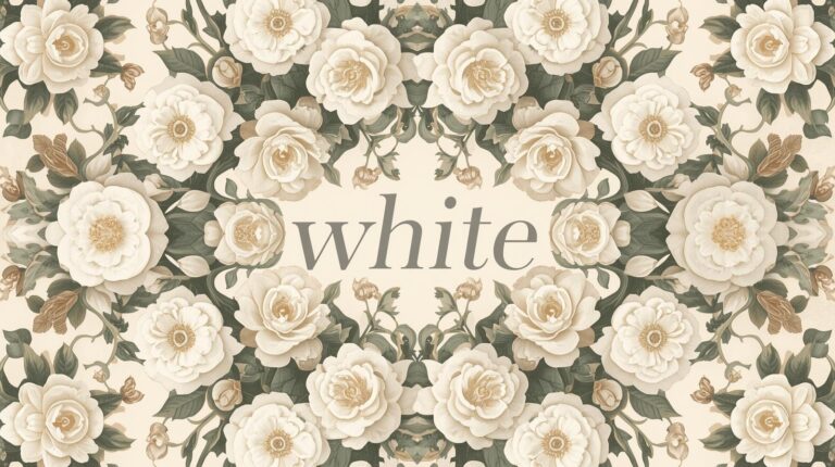白い沢山の花のイラスト、真ん中に「white」のロゴあり