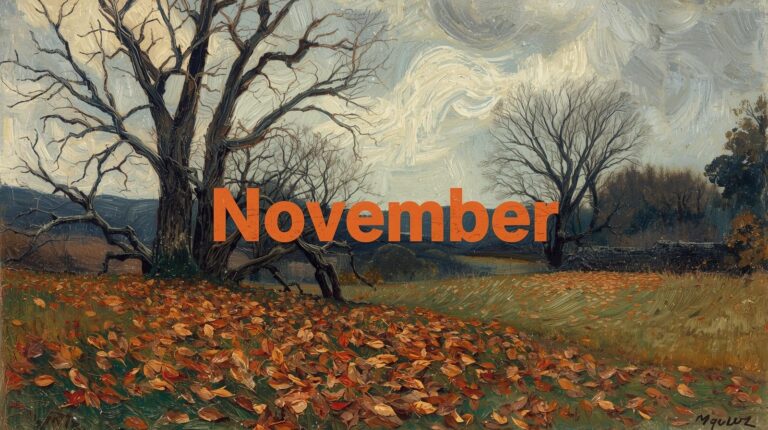 油絵風の落ち葉のイラストで「November」のロゴあり