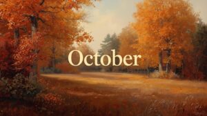 油絵風の紅葉のイラスト、真ん中に「October」のロゴあり